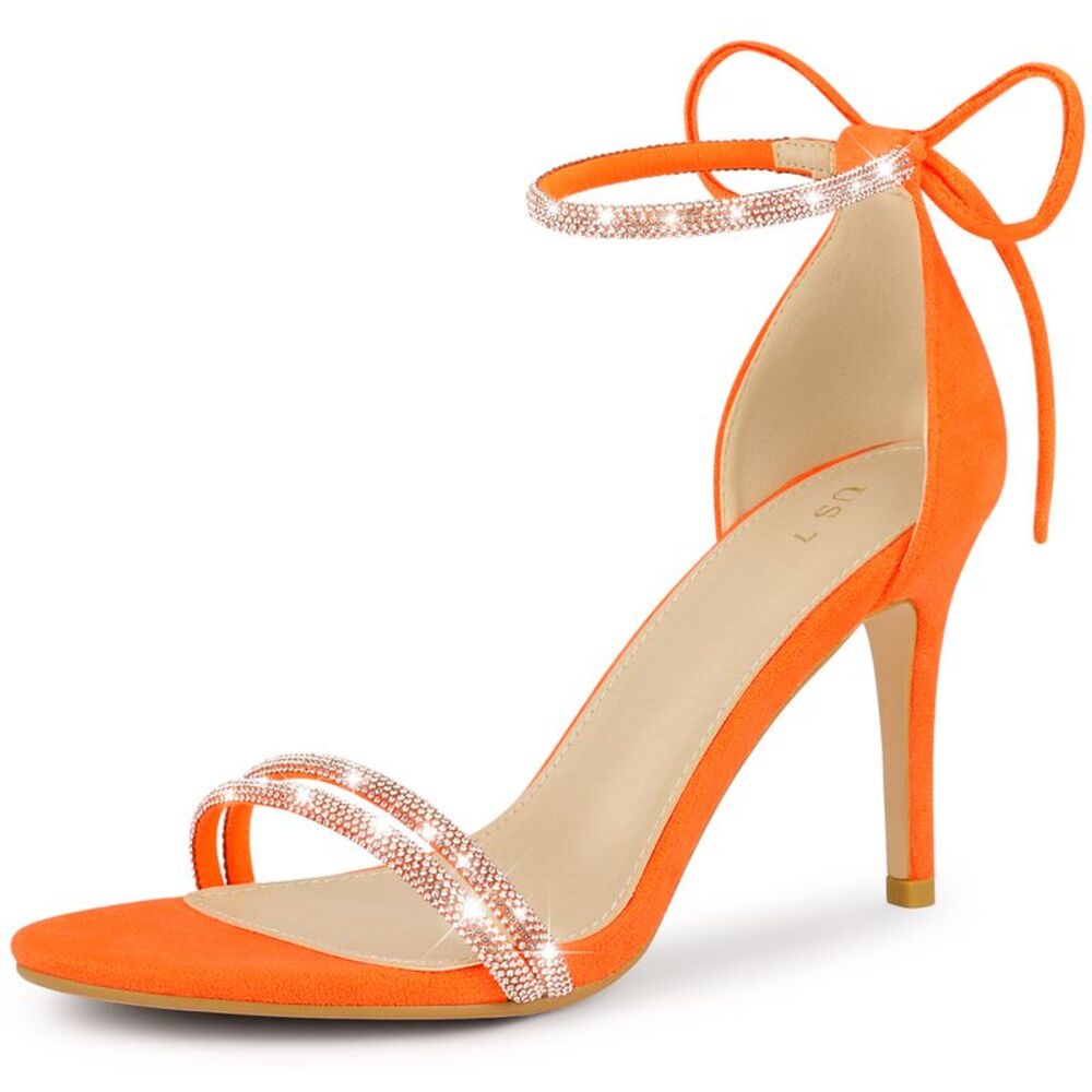 Rhinestone Ankle Tie Stiletto Heels Sandals Fluorescent Orange